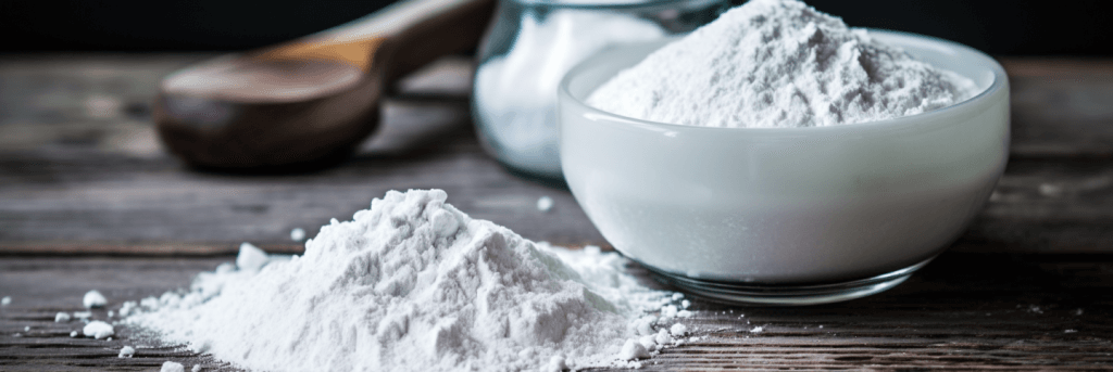White bowl filled with talc powder next to a small mound of talc, both displayed on a wooden table, illustrating what is talc.