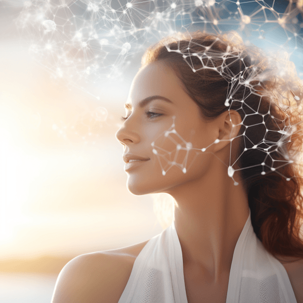 A beautiful lady with radiant, healthy skin, with molecule-like images nearby, illustrating the fusion of beauty and natural skincare science