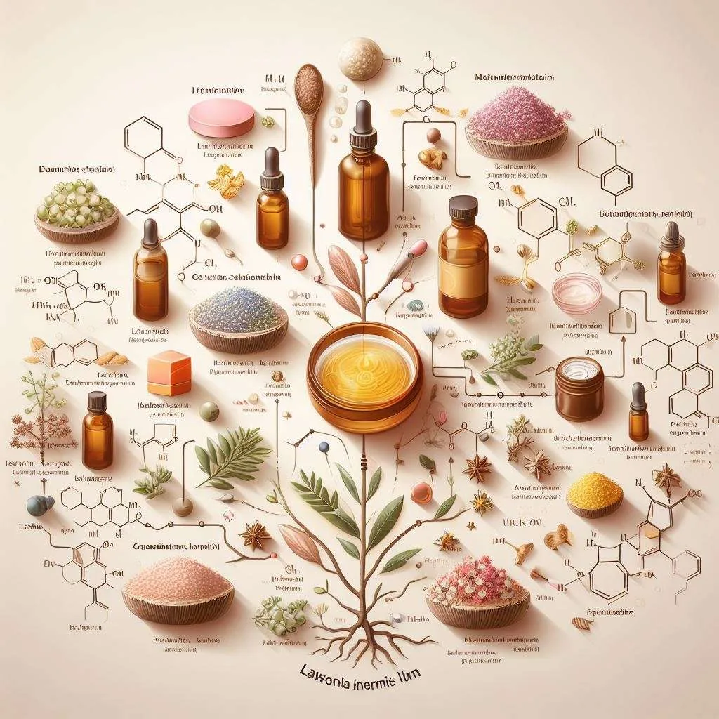 OIG.P8Qd9_39fHd An artistic infographic illustrating how henna modulates inflammation through its effects on skin cells, immune cells, and free radicals