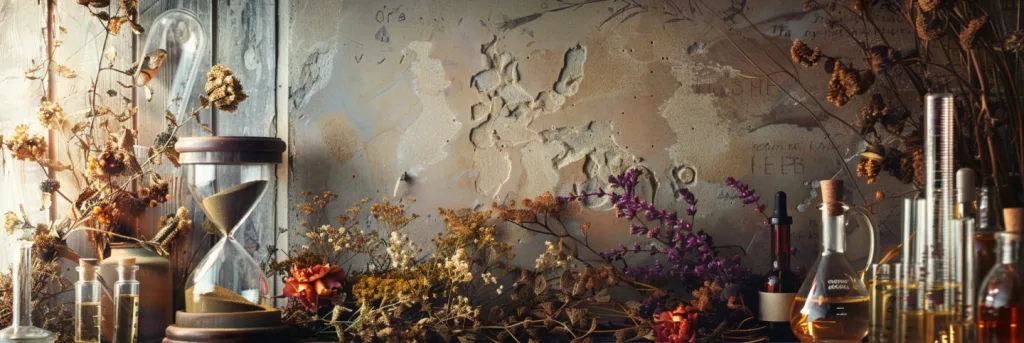 An evocative hero image for 'The Skin Aging Science' article, featuring a rustic hourglass with sands trickling down, flanked by dried botanicals and scientific glassware filled with amber-hued liquids, set against a backdrop of an aged wall with handwritten notes, embodying the blend of ancient herbal wisdom and contemporary cosmetic science