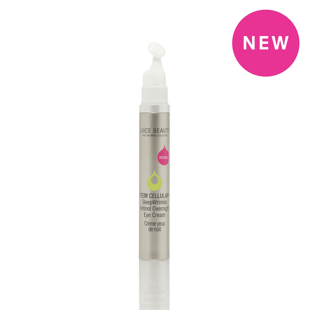 A silver-colored tube of JUICE BEAUTY’s STEM CELLULAR™ Anti-Wrinkle Booster Serum against a white background, a potential contender for the best retinol skincare product