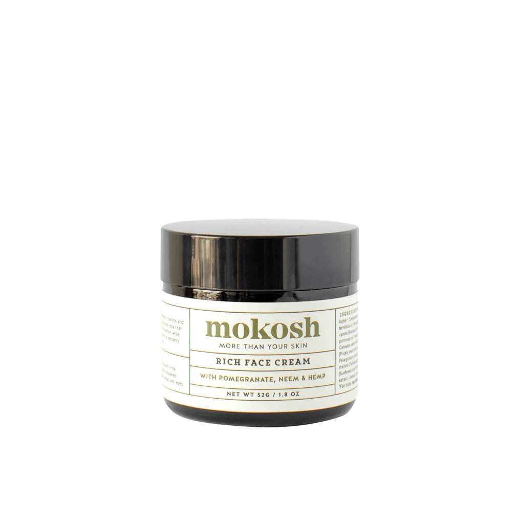 Best Natural Moisturizer for Dry Skin: Featured in the image is a container of Mokosh Rich Face Cream. This product is known for its natural ingredients like pomegranate, neem, and heath, making it an excellent choice for those seeking skincare products with organic elements. It’s a great solution for dry skin, providing nourishment and hydration to keep your skin feeling soft and smooth
