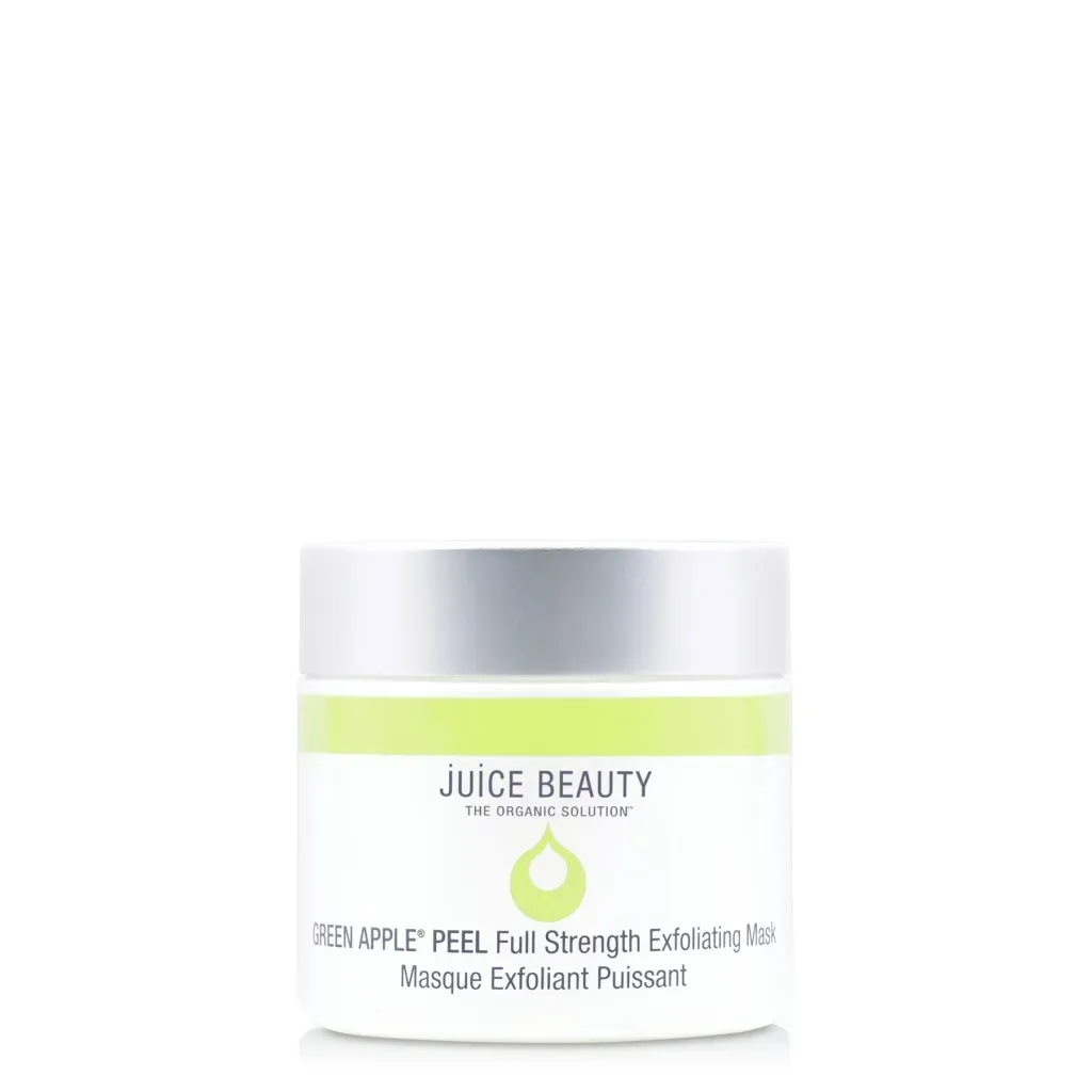 A white and green container of JUICE BEAUTY GREEN APPLE® PEEL Full Strength Exfoliating Mask against a white background, a potential contender for the best Bakuchiol products for skincare