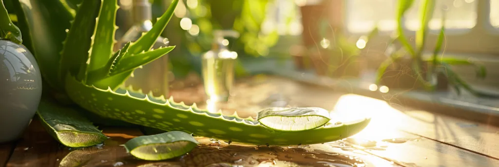 Aloe Vera plant on a wooden surface with its leaves sliced open revealing the clear gel. Skincare products, hinting at Aloe Vera as a primary ingredient, are arranged in the background. Soft sunlight filters through, emphasizing the natural benefits of Aloe Vera
