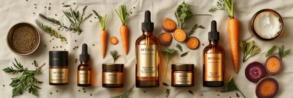 Array of the best retinol skincare products, including amber bottles and jars with 'RETINOL' labels, elegantly displayed amidst fresh carrots and purple sweet potatoes, with coriander seeds and green herbs scattered on a natural linen background, showcasing the organic origins and efficacy of the products