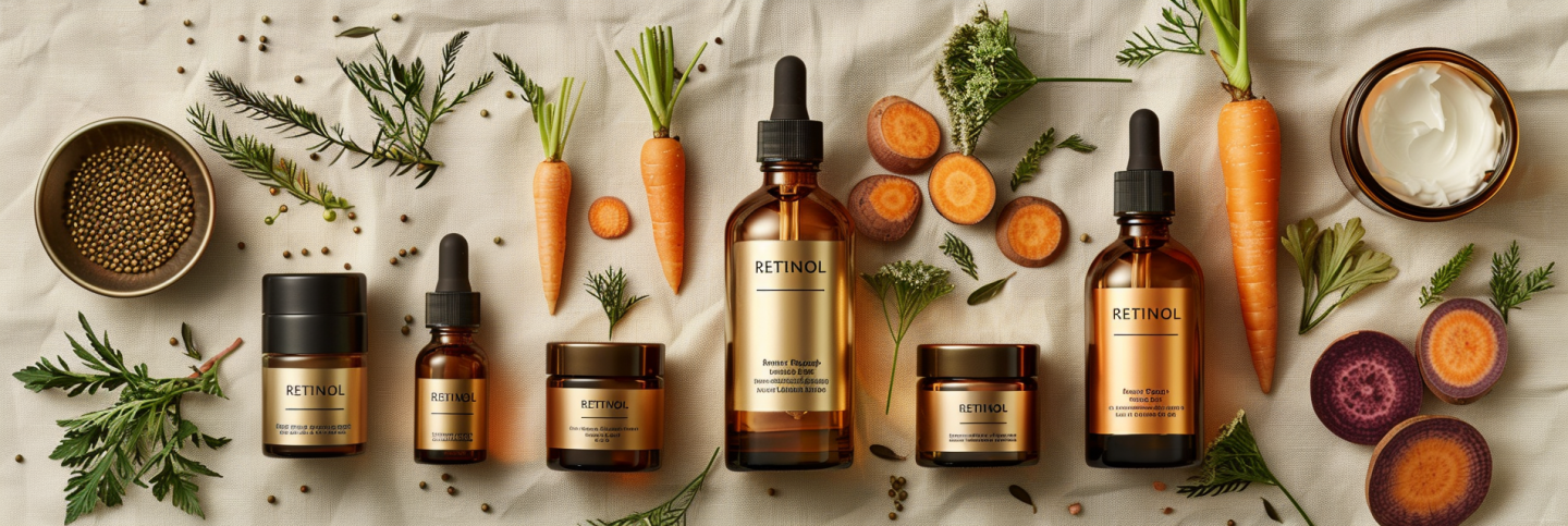 Array of the best retinol skincare products, including amber bottles and jars with 'RETINOL' labels, elegantly displayed amidst fresh carrots and purple sweet potatoes, with coriander seeds and green herbs scattered on a natural linen background, showcasing the organic origins and efficacy of the products