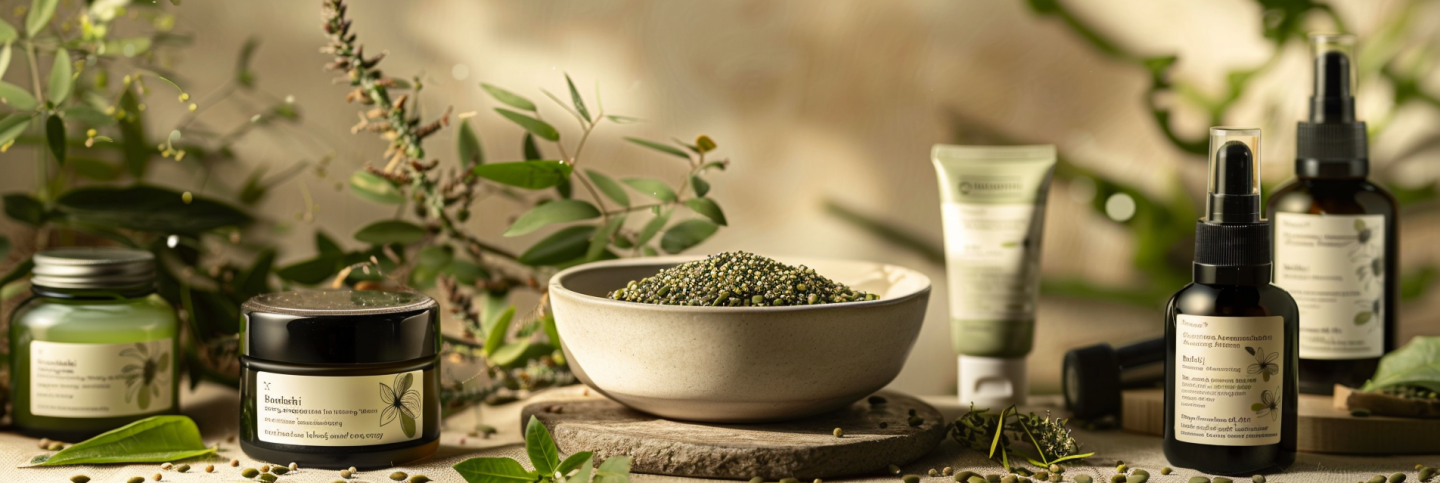Best Bakuchiol Products for skincare, featuring a serene arrangement of greenery and natural-textured containers, with a bowl of Babchi seeds prominently displayed, complemented by elegantly branded bottles and jars on a rustic wooden platform set against a soft, botanical backdrop