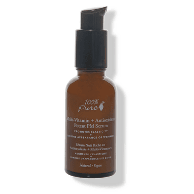 A brown bottle of 100% Pure Multi-Vitamin + Antioxidants Potent PM Serum against a light background, a potential contender for the best serum for dry skin
