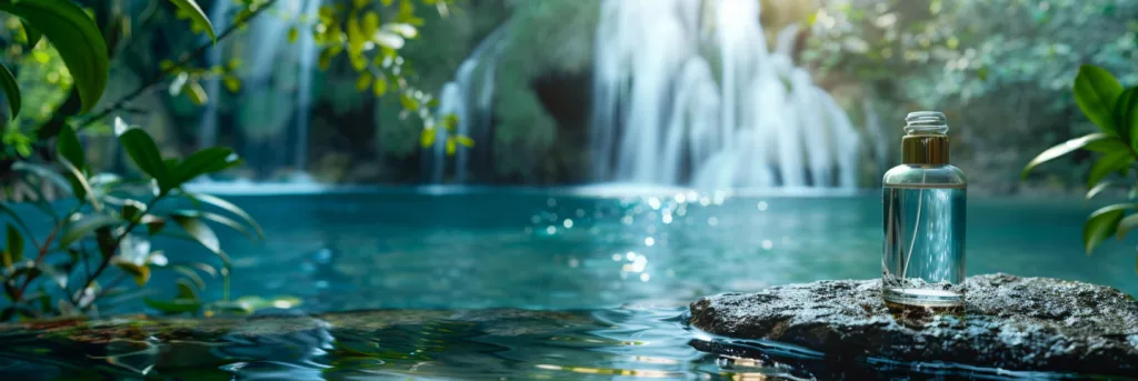 A clear glass serum bottle, representing skincare for dry skin, is perched on a rocky surface beside a calm lake. In the tranquil backdrop, a waterfall flows amidst verdant foliage, symbolizing the moisturizing and rejuvenating qualities sought in the best serums for dry skin