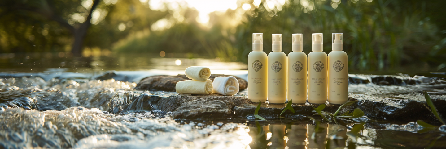 A serene river setting showcases eco-friendly bottles positioned on a wet, mossy stone, symbolizing the best lotion for dry skin. Sunlight filters through trees, casting a luminous glow on the water and bottles, evoking a sense of natural hydration and purity in a peaceful outdoor scene