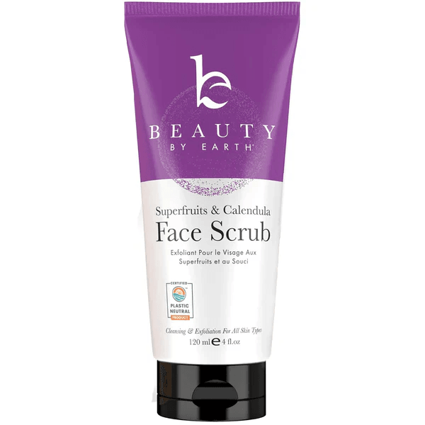 A container of Beauty by Earth’s Superfruits & Calendula Face Scrub, a product that could be a potential contender for the best exfoliator for sensitive skin