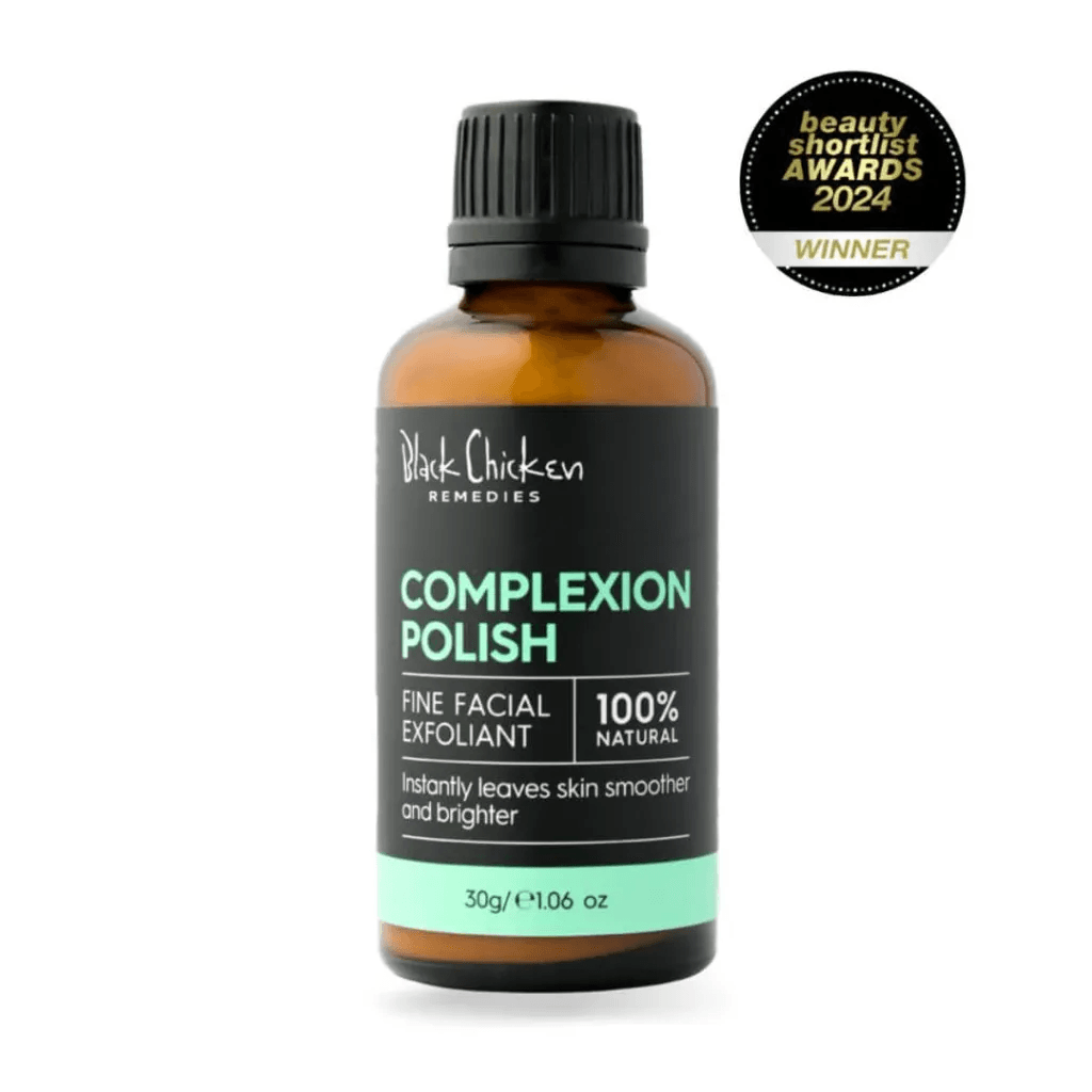 A bottle of Black Chicken Remedies Complexion Polish, a product that could be a potential contender for the best exfoliator for sensitive skin