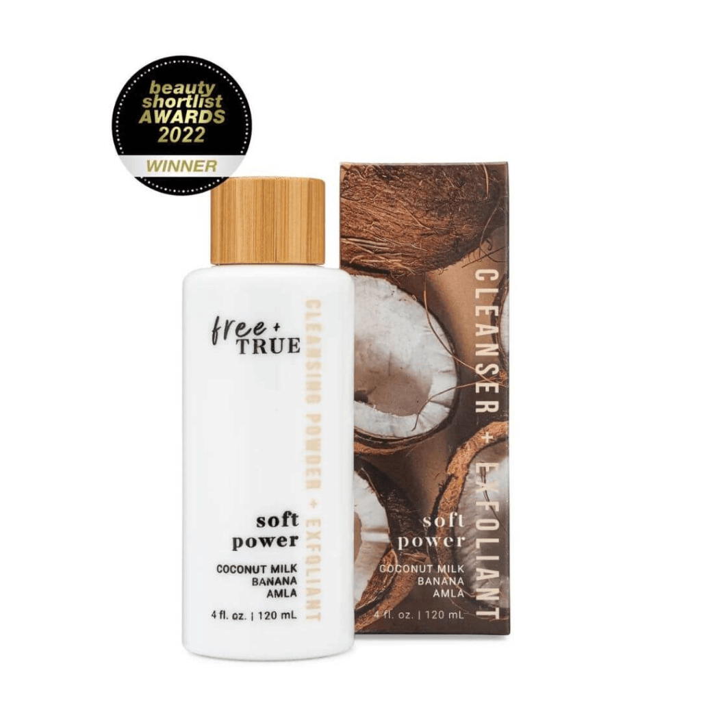 A bottle of Free + True Soft Power Coconut Milk and Banana Amla Cleanser, a product that could be a potential contender for the best exfoliator for sensitive skin.