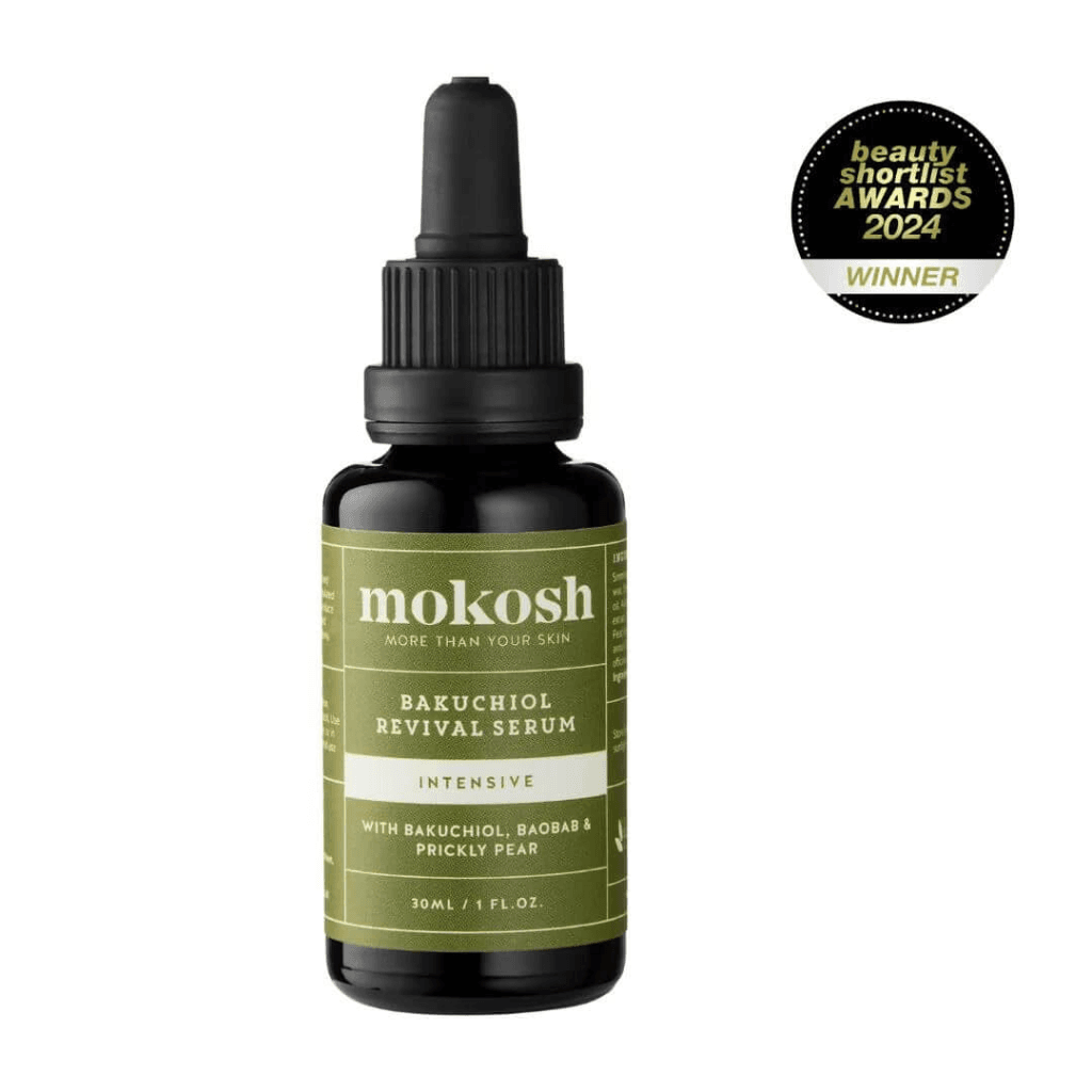 A bottle of Mokosh Bakuchiol Revival Serum, a product that could be a potential contender for the best serum for sensitive skin.