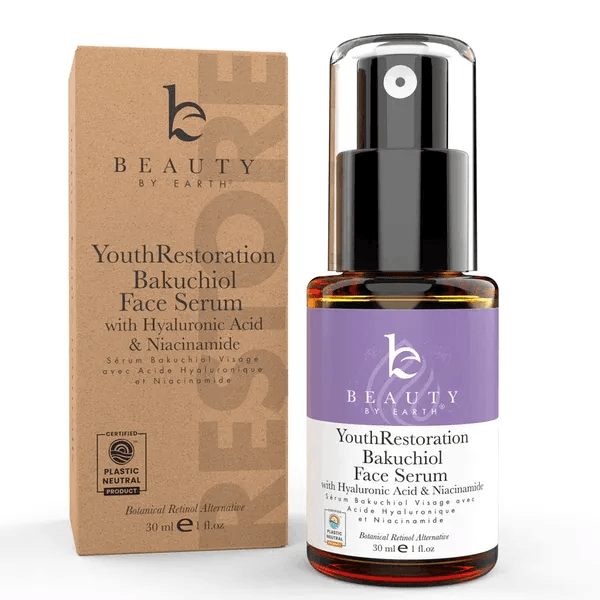 A bottle of BEAUTY BY EARTH Youth Restoration Bakuchiol Face Serum with Hyaluronic Acid & Niacinamide, a product that could be a potential contender for the best serum for sensitive skin