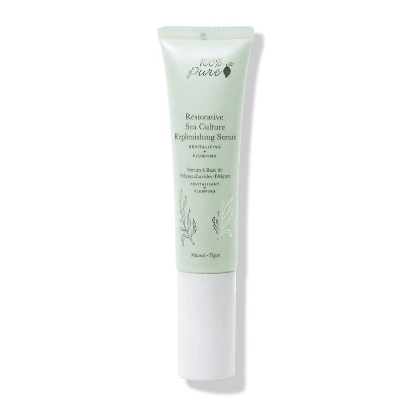 A tube of 100% Pure Restorative Sea Culture Replenishing Serum, a product that could be a potential contender for the best serum for sensitive skin