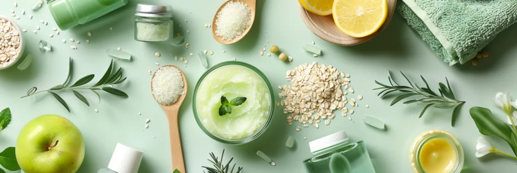 Serene spa-like setting for the best exfoliator for sensitive skin, featuring natural elements like apples, lemons, herbs, and grains, arranged alongside skincare jars, bottles, and a soft towel on a light pastel green background